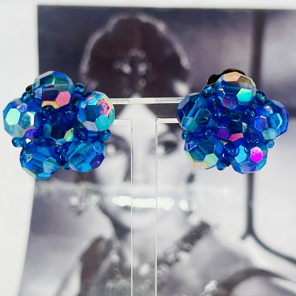 Vintage cluster earrings - layers of iridescent blue  West German glass round